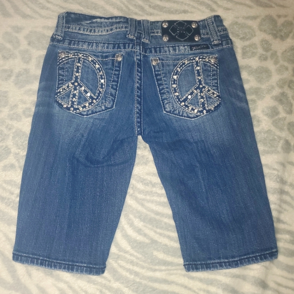 Miss Me Bermuda jean shorts with rhinestones peace sign on back pockets …